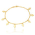 Anklet bracelet of Hamsa Hand charms, featuring evenly spaced symbols of the Evil Eye for protection against negative energy, with a clasp closure and reflected against a white surface.